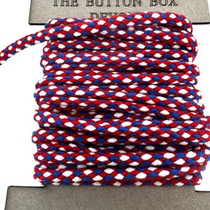 4mm red white and blue braided draw string cord sold in 5m lengths