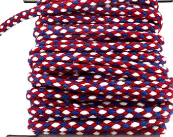 4mm red white and blue braided draw string cord sold in 5m lengths