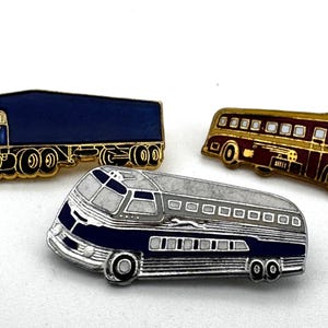 Vintage Metal Vehicle Pin Badges by Hookfast - USA lorry, Greyhound Bus and Other Bus Designs