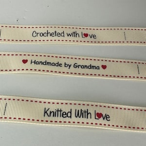 16 mm ivoor grosgrain lint gebreid met liefde of gehaakt met liefde of handgemaakt door Grandma Labels en 15 mm Great British Grower