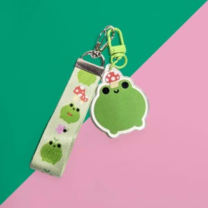 Frog Mushroom Acrylic Charm and Lanyard Keychain Set with Holographic Overlay - Cute Accessories for Keys - Trendy and Fun Design