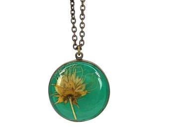 Pressed Flower Apache Plume Round Necklace Boho Gift Green Antique Brass