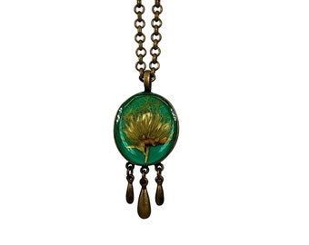Pressed Flower Apache Plume Necklace with drops Boho Gift Green Antique Brass