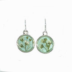 Pressed Flower Earrings  Blue with Baby&#39;s Breath Round Silver Plated Gift