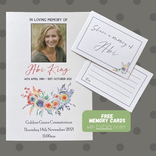 PRINTED Funeral Order of Service. Personalised funeral booklets. Celebration of Life. Funeral program - FREE Memory Cards with every order