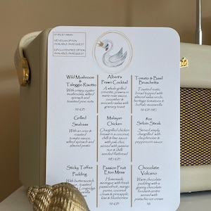 PERSONALIZOWANE KARTY MENU x 10. Dodaj swoje wybory menu/opcje jedzenia na urodziny, chrzciny, chrzest, dzień ślubu. Karta menu. Księżniczka łabędzi