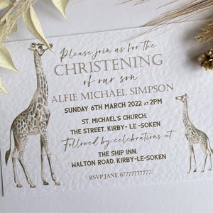 10 x Invitations for Christening, Baptism, Naming Day. PERSONALISED - with envelopes. Gold Giraffe. Animal. Rose Gold. Gold