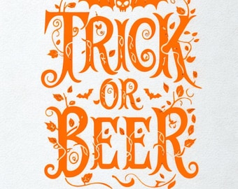Trick or Beer Halloween Shirt Design PNG FILES Orange Bat Typography (Digital Download)