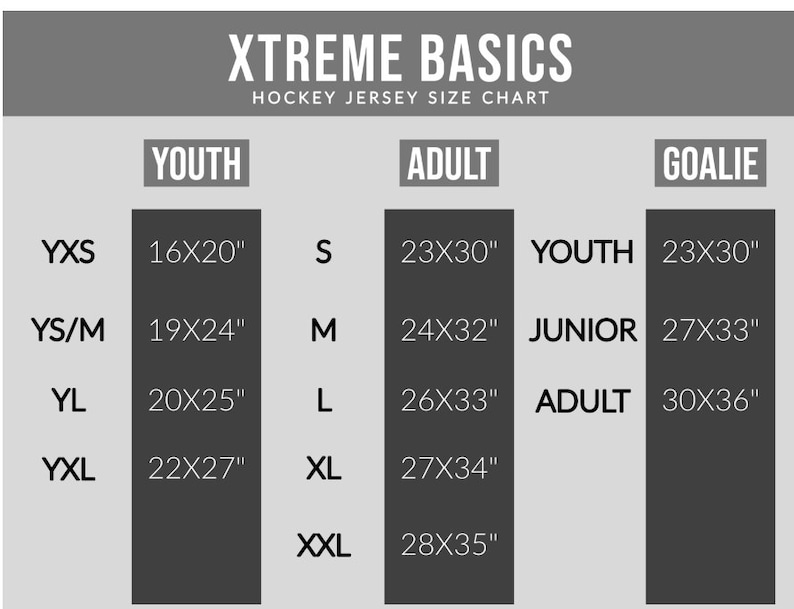 K&ouml;nnte beinhalten: Schwarz-wei&szlig;es Eishockey-Trikot-Gr&ouml;&szlig;entabelle mit den Worten "XTREME BASICS" oben. Die Tabelle zeigt Gr&ouml;&szlig;en f&uuml;r Jugend-, Erwachsenen- und Torwart-Trikots. Die Gr&ouml;&szlig;en sind in Zoll angegeben.