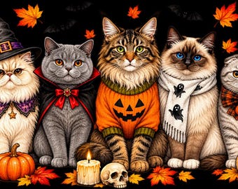 Halloween Cats Clipart PNG: Five Adorable Breeds in Festive Outfits (300 DPI)