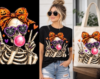 Spooky Skeleton Girl SVG PNG | Pumpkin Bow, Heart Glasses (Digital Download)
