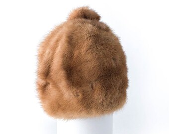 40s Brown Mink Fur Floral Satin Satin-lined Cozy Pom Pom Dome Hat • XS