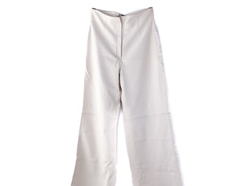 90s Jil Sander Official Stunning White Leather High Waist Wide Cut Pants • Large