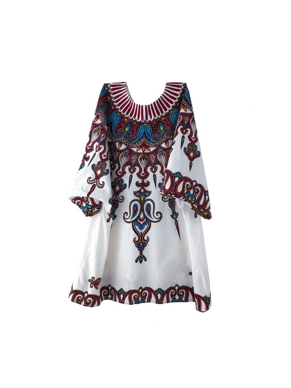 80s White Cotton Dashiki Top Dress Printed Cotton… - image 4