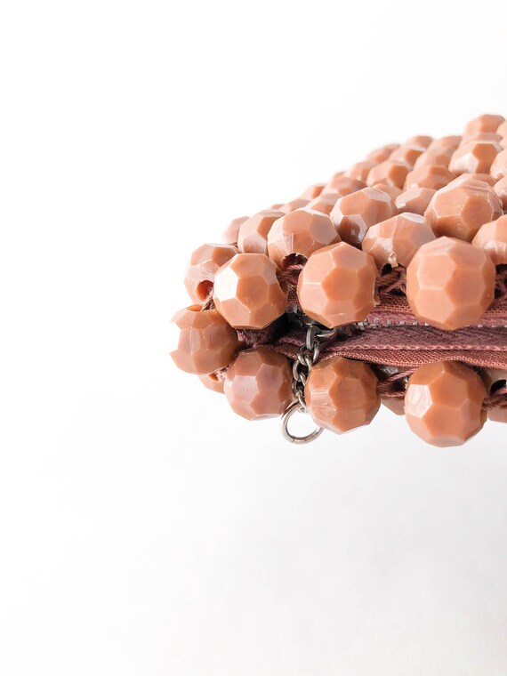 60s Brown Beaded Bobble Zipper Top Clutch Bag • M… - image 4