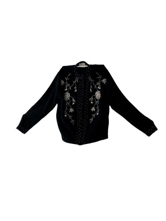 60s Black Felt Wool Beaded Button Up Cardigan Woo… - image 1