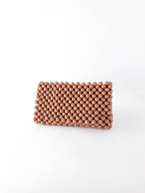 60s Brown Beaded Bobble Zipper Top Clutch Bag • M… - image 1