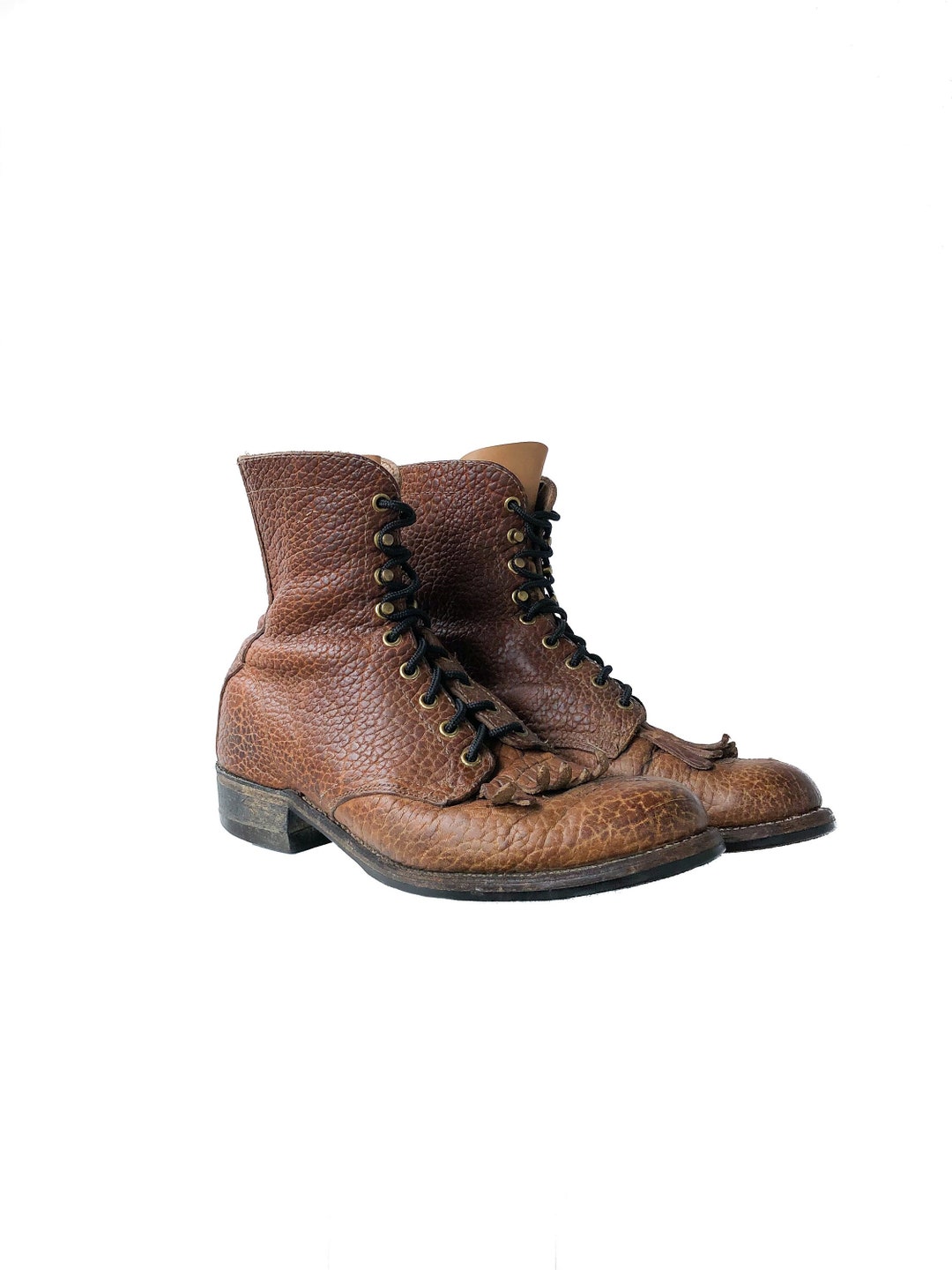 70s Textured Brown Leather Work Boots Tall Tassel Toe Lace up Brown ...