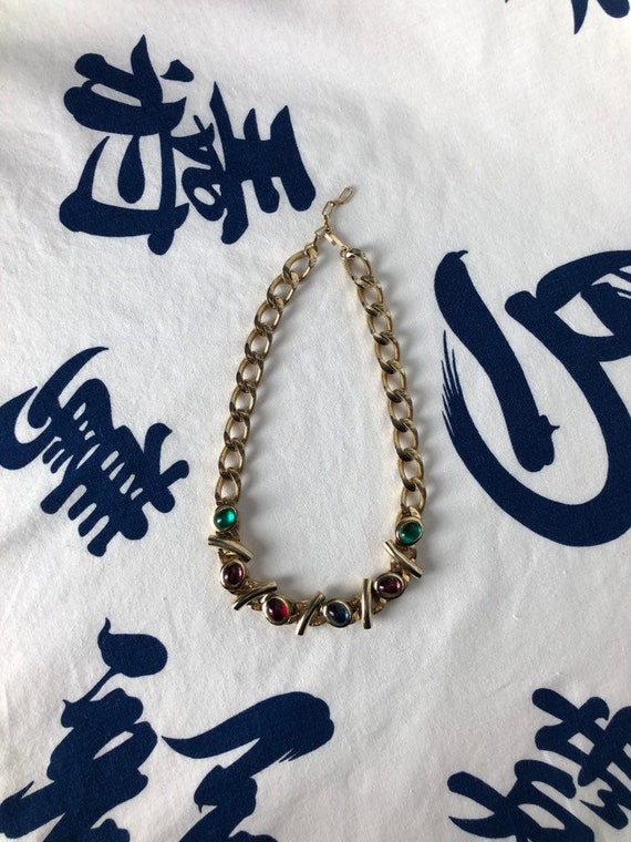 70s Big Gold Chain and Rainbow Jewel Necklace • Me
