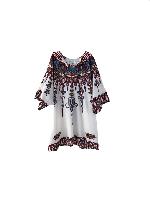80s White Cotton Dashiki Top Dress Printed Cotton… - image 1