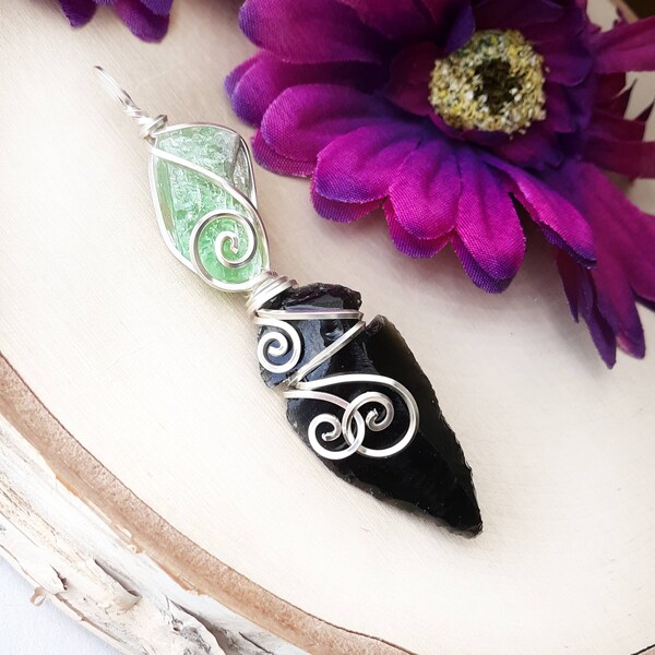 Green Calcite, Wire Wrapped, Witchy Pendant, Wearable Athame, Obsidian Arrowhead, Raw Crystal Jewelry, Healing Crystals, Hippie Jewelry