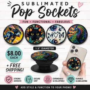 May include: A collection of circular phone grips with various designs including a donkey, a black cat, the word MOM with sunflowers, and a peacock. Each grip has a 1.5 inch diameter. One grip is shown expanded and one is attached to a smartphone.