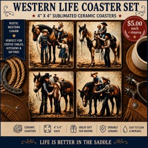 May include: A set of four square 4" x 4" sublimated ceramic coasters featuring Western-themed imagery of children and horses. The coasters display various scenes of individuals in cowboy hats and western attire interacting with horses in a rustic setting.