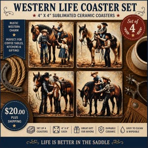 May include: A set of four 4" x 4" ceramic coasters with a Western theme. Each coaster features a sepia-toned image of children with horses. The coasters are described as durable, easy to clean, and a great gift.