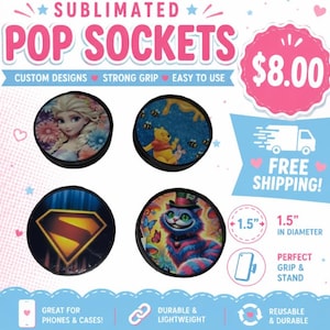 May include: Four circular phone grips with black bases and sublimated designs featuring a blonde character, a yellow bear with bees, a yellow and red diamond logo, and a colorful cat. Each grip measures 1.5 inches in diameter.