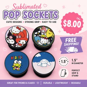 Może przedstawiać: Cztery okrągłe uchwyty do telefonu z czarnymi podstawami i kolorowymi wzorami postaci. W lewym g&oacute;rnym rogu Hello Kitty z przyjaci&oacute;łmi, w prawym g&oacute;rnym rogu postacie Sanrio, w lewym dolnym Keroppi, a w prawym dolnym Cinnamoroll. Każdy uchwyt ma średnicę 3,81 cm.