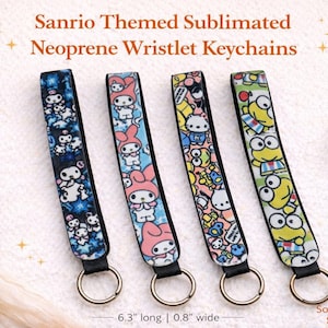 May include: Four Sanrio-themed neoprene wristlet keychains, each with a different character design. The keychains are 6.3 inches long and 0.8 inches wide, featuring characters like My Melody and Hello Kitty. Each keychain has a black strap and a gold-colored ring.