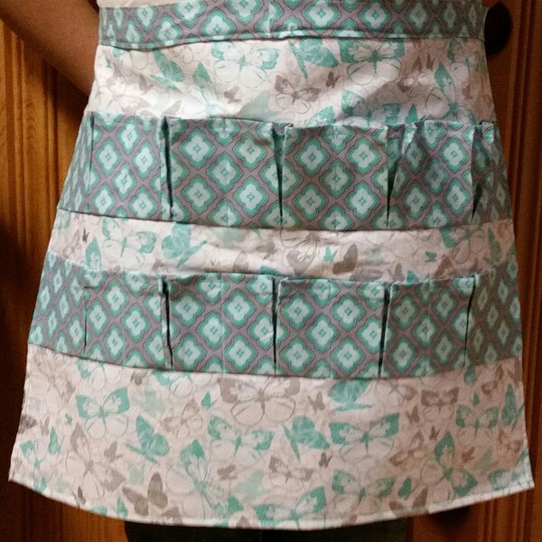 Egg Gathering Apron - Turquoise, Silver & White with Butterflies