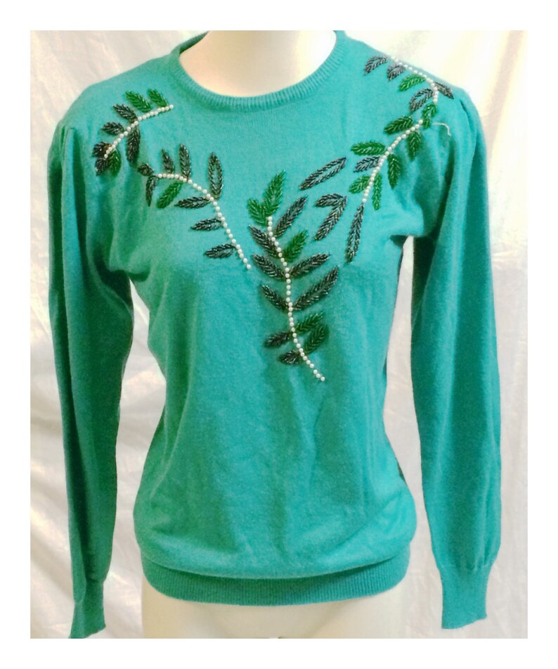 Vintage Turquoise Blue Beaded Gem Sweater Size S