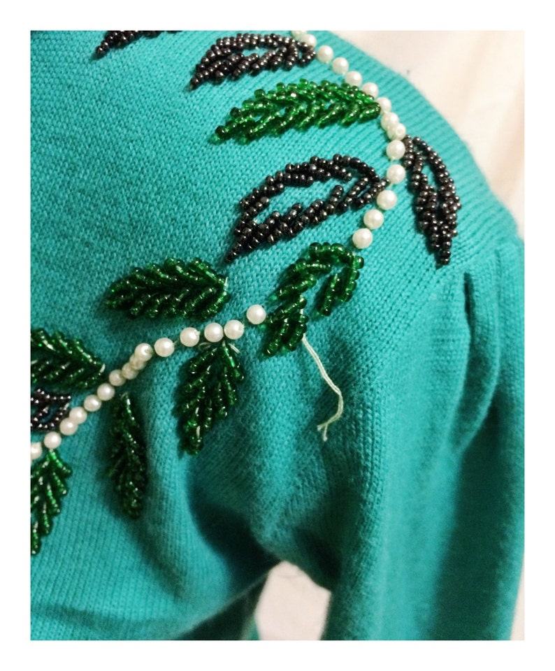 Vintage Turquoise Blue Beaded Gem Sweater Size S