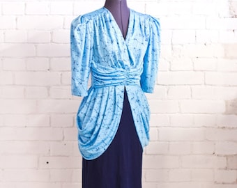 80s Vintage Party Dress Blue Evening Cocktail Draped Shape