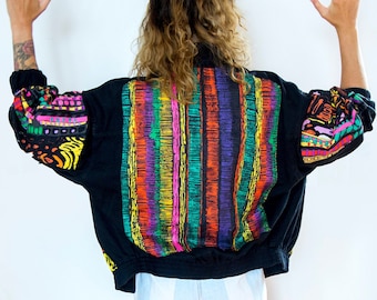 80s Early 90s Vintage Jacket Cotton Black Hippie Hiphop Jams World