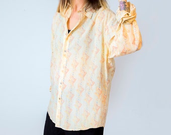 Vintage Saltaire Button Down Shirt Blassgelb Hippie Paisley Longsleeve Retro Shirt
