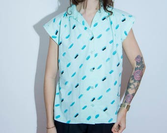 Jaren 80 blouse mouwloos abstract shirt fantastische pop-art turkoois fashion top