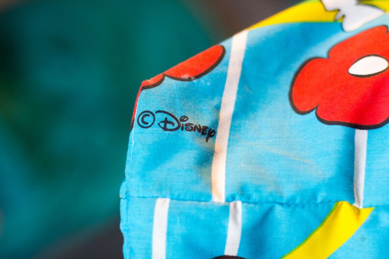 May include: Close-up of a section of a blue fabric with a floral pattern and white stripes. The fabric features the Disney logo in black. Red and white flowers are also visible.