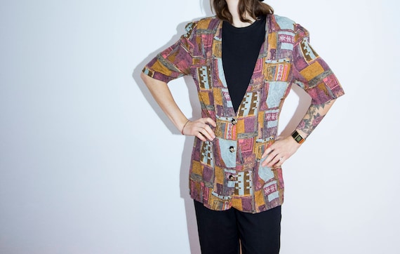 Abstract 90s Short Sleeve Blazer Vintage Hip Hop Street Fashion Purple Pink Mustard Yellow Grey