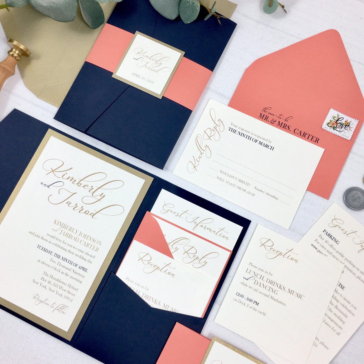 Navy Coral and Gold Wedding Invitations Navy and Coral Etsy