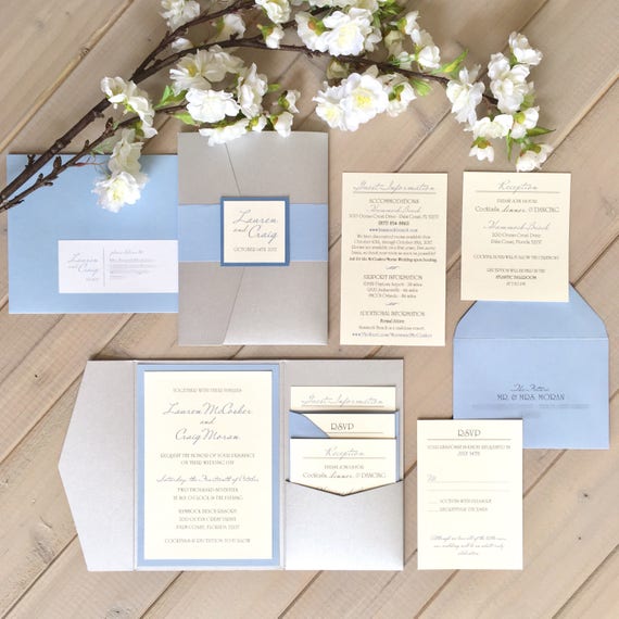 Pale Blue And Silver Wedding Invitations Dusty Blue And Etsy