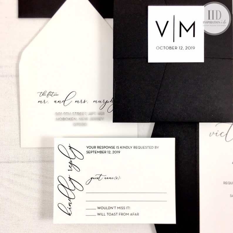 Pocket Wedding Invitations Black and White Wedding | Etsy