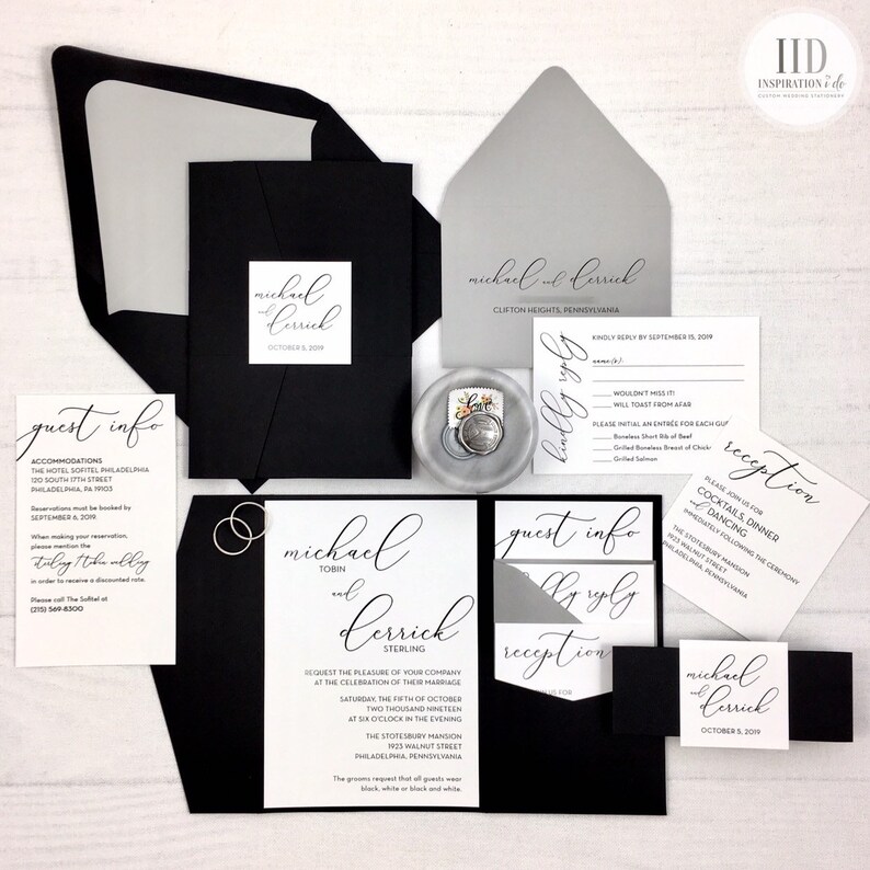 Black and White Pocket Wedding Invitations Black White and | Etsy