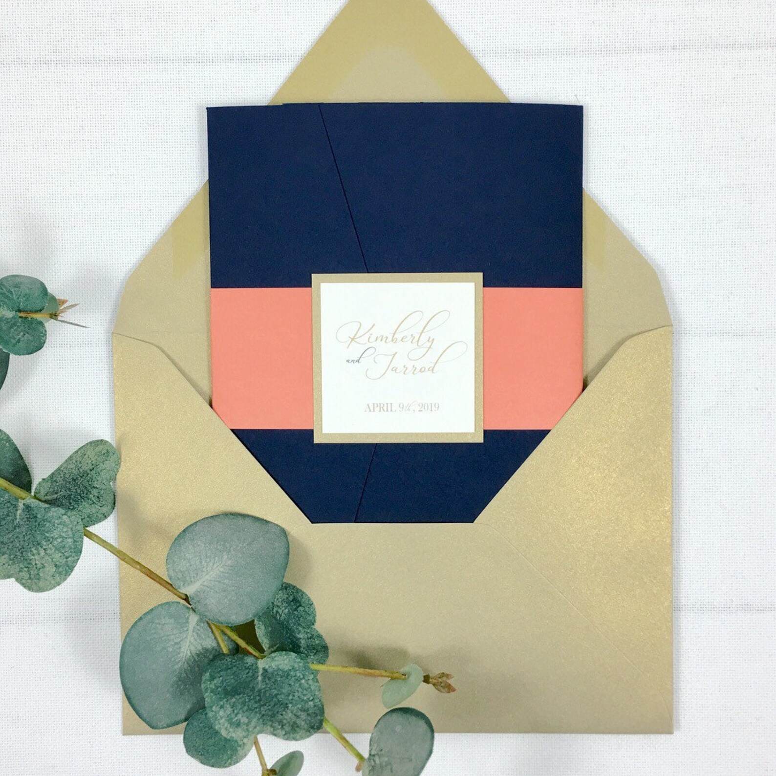Navy Coral and Gold Wedding Invitations Navy and Coral Etsy