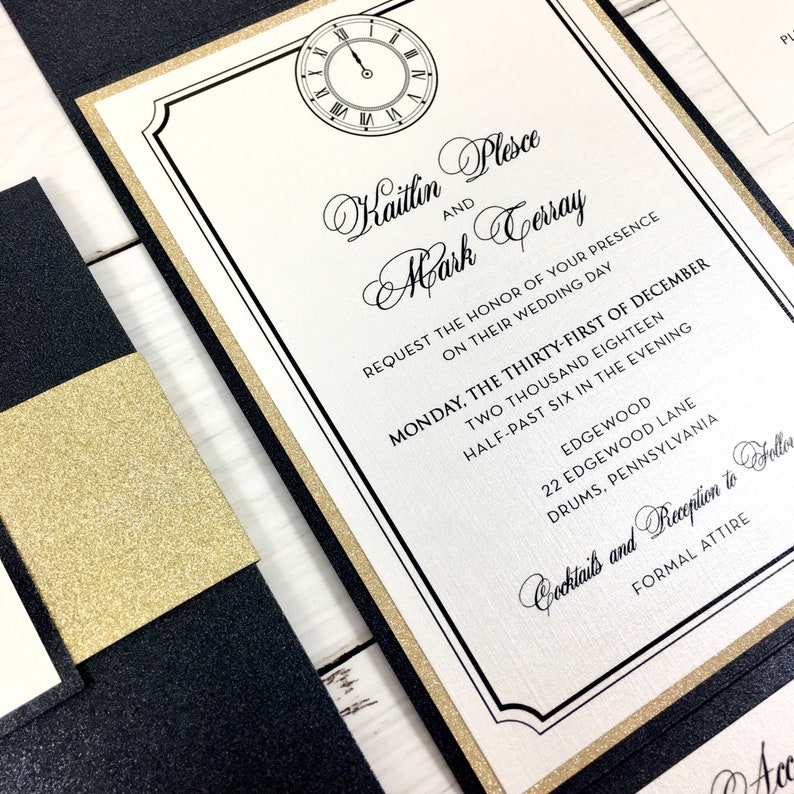 New Years Eve Wedding Invitation Black and Gold Glitter Etsy