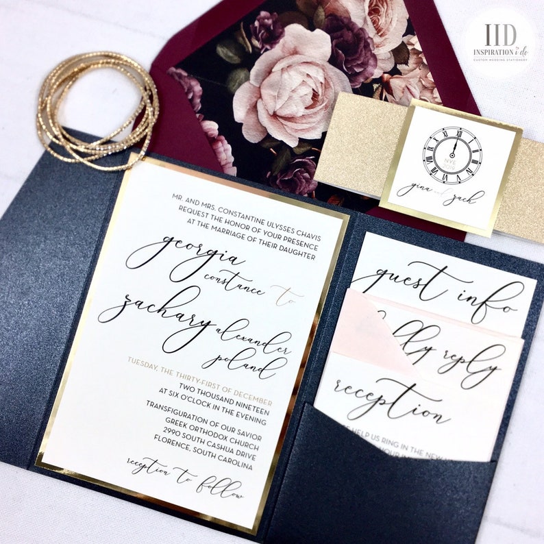 New Years Eve Wedding Invitation Black Burgundy and Gold