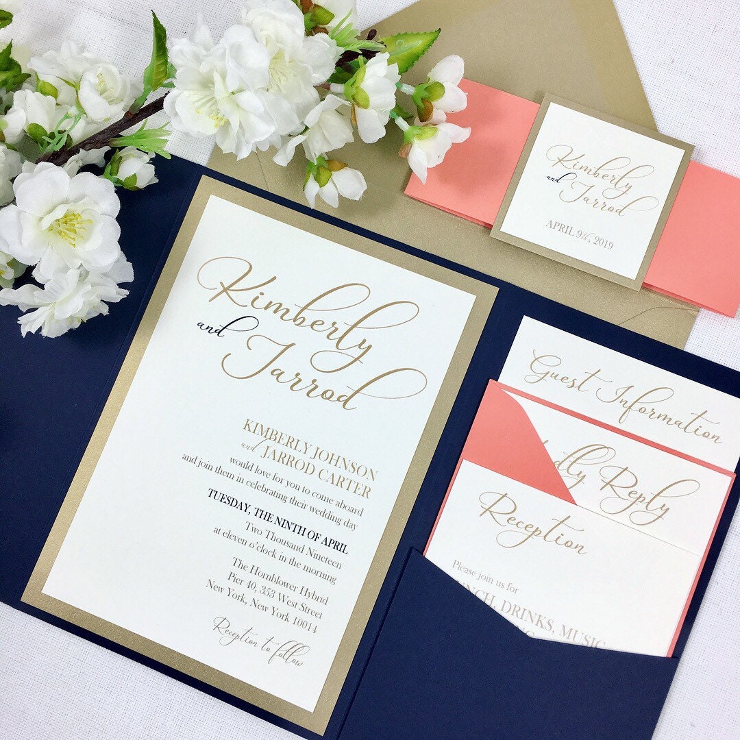 Navy Coral and Gold Wedding Invitations Navy and Coral Etsy