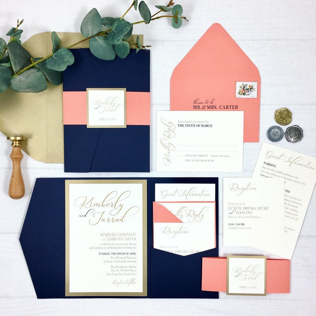 Navy Coral and Gold Wedding Invitations Navy and Coral Etsy