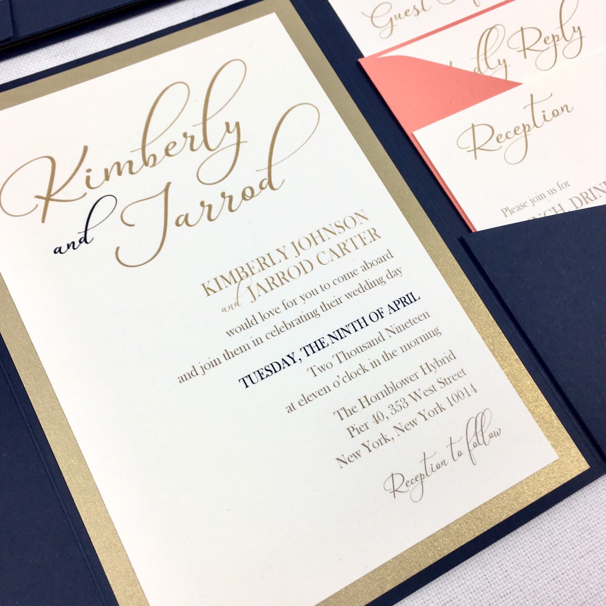 Navy Coral and Gold Wedding Invitations Navy and Coral Etsy